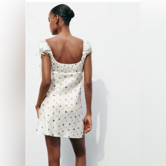 Zara Blue Floral Cream mini Dress XS - Picture 3 of 8